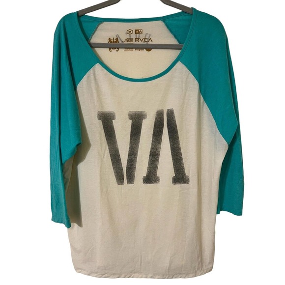 RVCA Women's Raglan 3/4 Sleeve Seafoam Green & Cream Logo T-Shirt - Size Medium - Picture 1 of 6